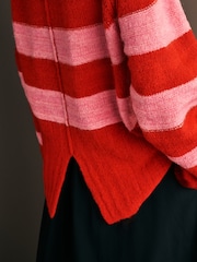 Red Pink Stripe High Neck Textured Knitted Jumper with Wool - Image 4 of 7