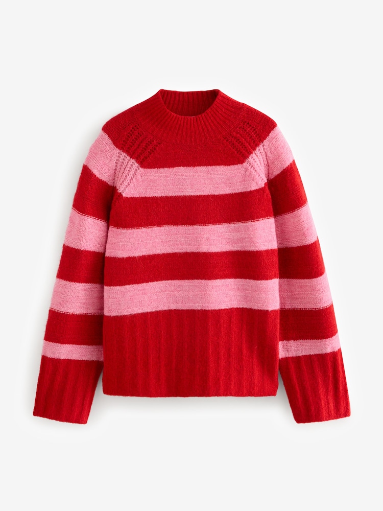 Red Pink Stripe High Neck Textured Knitted Jumper with Wool - Image 5 of 7