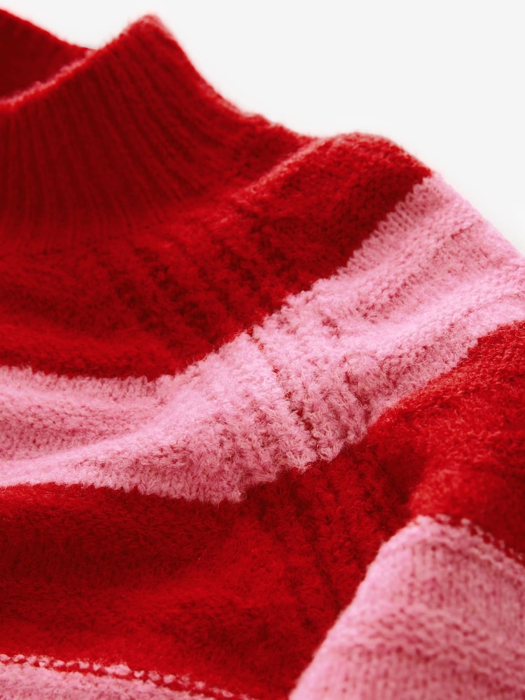 Red Pink Stripe High Neck Textured Knitted Jumper with Wool - Image 7 of 7