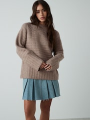 Neutral Brown High Neck Textured Knitted Jumper with Wool - Image 1 of 9