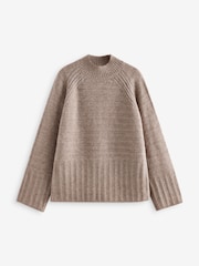 Neutral Brown High Neck Textured Knitted Jumper with Wool - Image 6 of 9