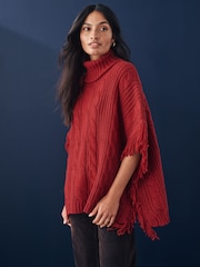 Red High Roll Neck Fringe Knitted Cape Cardigan With Wool - Image 1 of 7