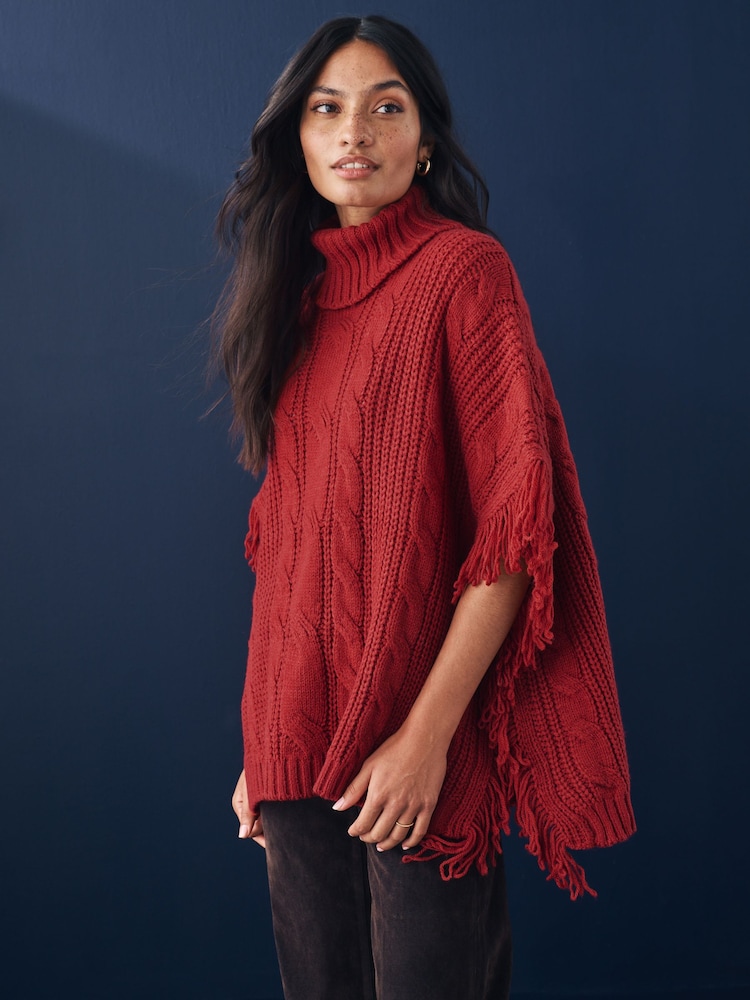 Red High Roll Neck Fringe Knitted Cape Cardigan With Wool - Image 1 of 7