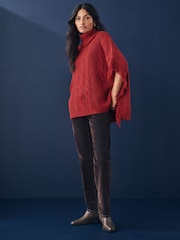 Red High Roll Neck Fringe Knitted Cape Cardigan With Wool - Image 2 of 7