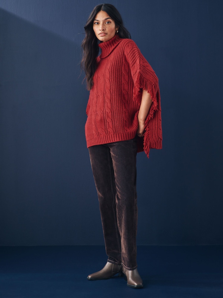 Red High Roll Neck Fringe Knitted Cape Cardigan With Wool - Image 2 of 7