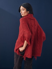 Red High Roll Neck Fringe Knitted Cape Cardigan With Wool - Image 3 of 7