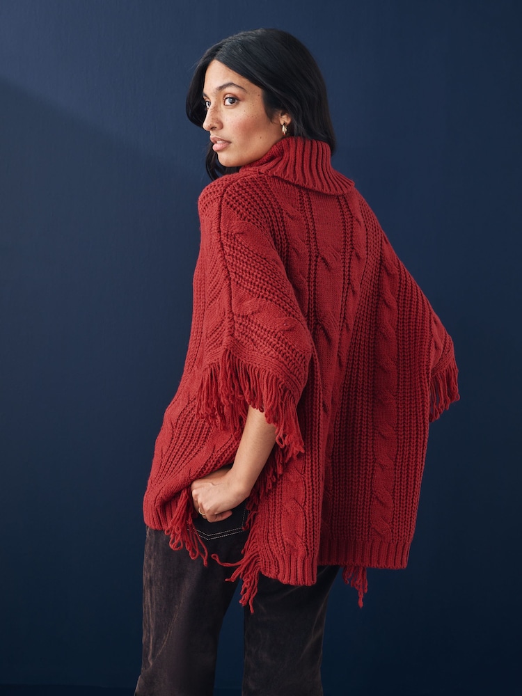 Red High Roll Neck Fringe Knitted Cape Cardigan With Wool - Image 3 of 7