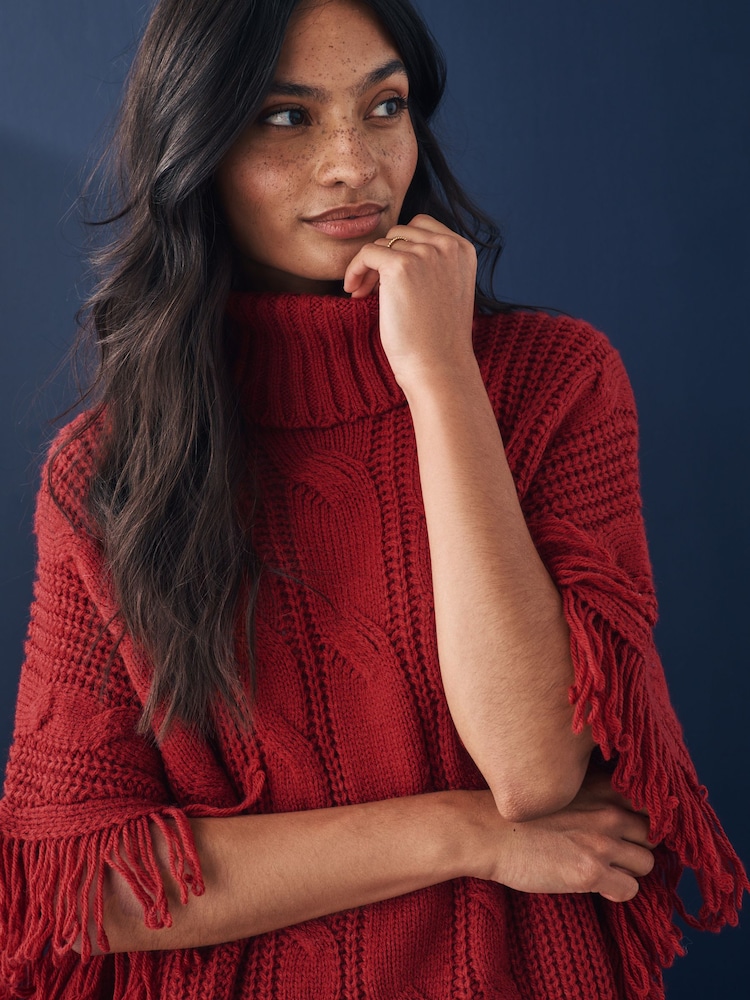 Red High Roll Neck Fringe Knitted Cape Cardigan With Wool - Image 4 of 7