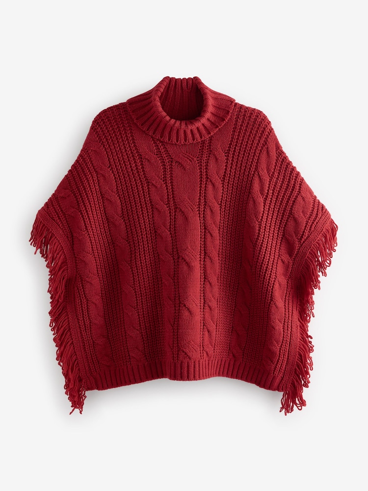 Red High Roll Neck Fringe Knitted Cape Cardigan With Wool - Image 5 of 7