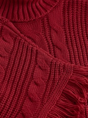 Red High Roll Neck Fringe Knitted Cape Cardigan With Wool - Image 7 of 7