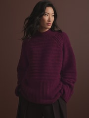 Burgundy Red High Neck Textured Knitted Jumper with Wool - Image 1 of 9