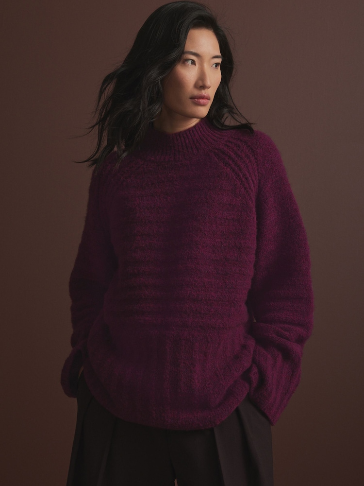 Burgundy Red High Neck Textured Knitted Jumper with Wool - Image 1 of 9
