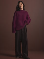Burgundy Red High Neck Textured Knitted Jumper with Wool - Image 2 of 9