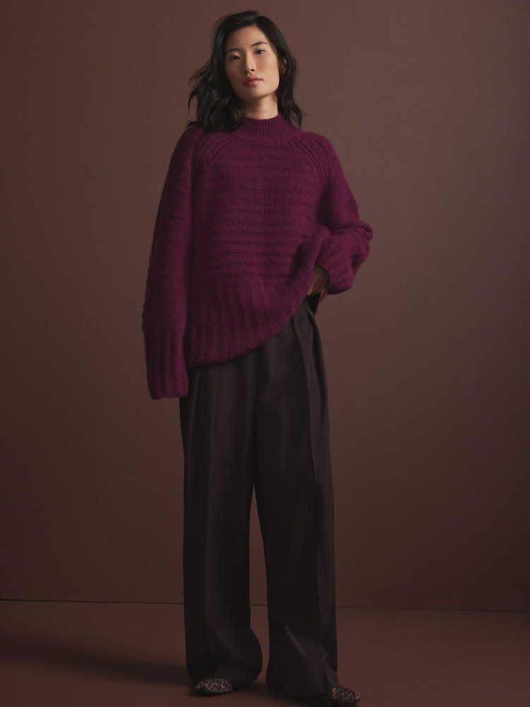 Burgundy Red High Neck Textured Knitted Jumper with Wool - Image 2 of 9