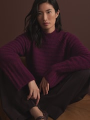 Burgundy Red High Neck Textured Knitted Jumper with Wool - Image 3 of 9
