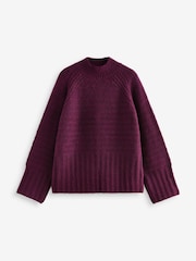Burgundy Red High Neck Textured Knitted Jumper with Wool - Image 5 of 9