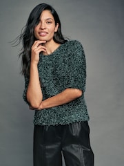 Dark Green Sparkle Tinsel Short Sleeve Knitted T-Shirt Jumper - Image 1 of 7