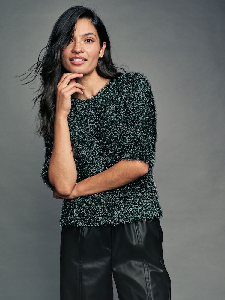 Dark Green Sparkle Tinsel Short Sleeve Knitted T-Shirt Jumper - Image 1 of 7