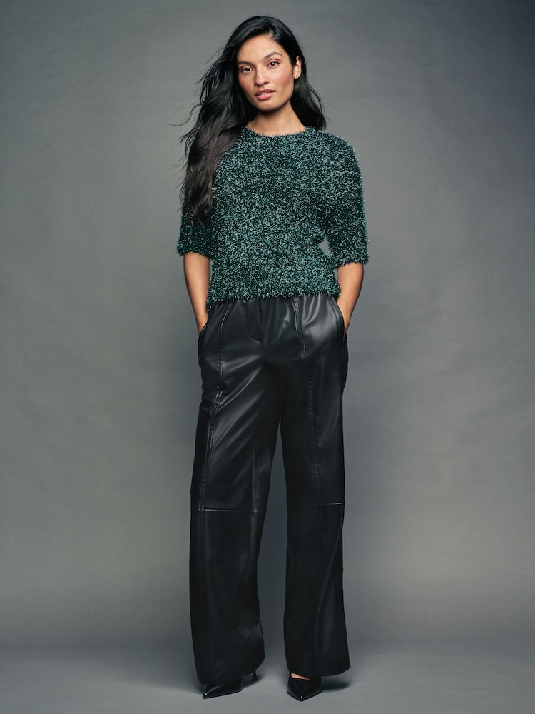 Dark Green Sparkle Tinsel Short Sleeve Knitted T-Shirt Jumper - Image 2 of 7