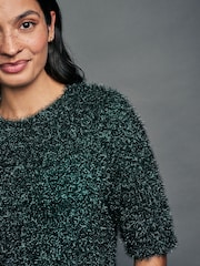 Dark Green Sparkle Tinsel Short Sleeve Knitted T-Shirt Jumper - Image 4 of 7