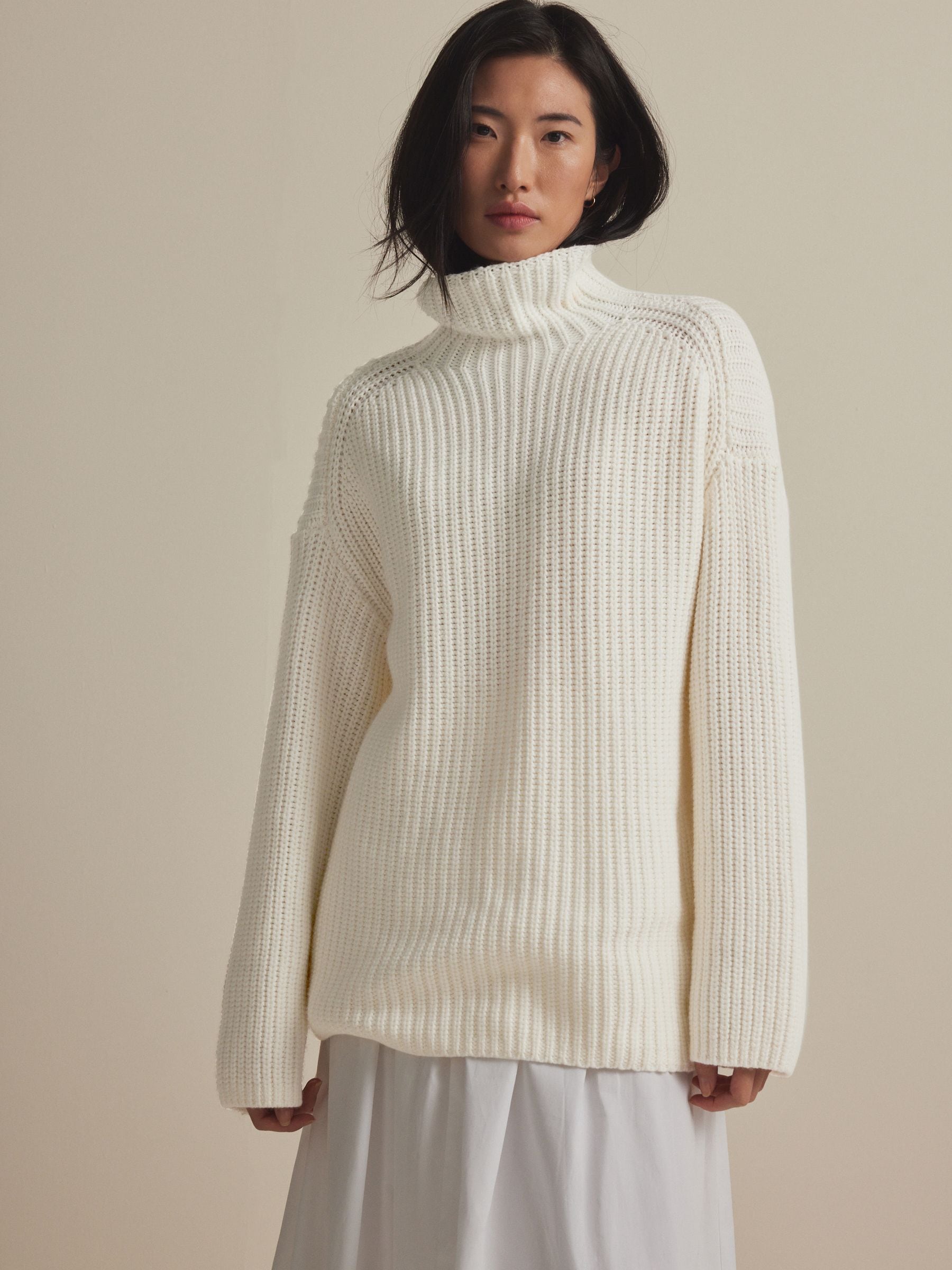 Buy White Ecru Roll High Neck Ribbed Longline Knitted Jumper with Wool from Next Luxembourg