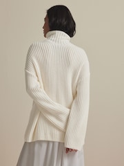 White Ecru Roll High Neck Ribbed Longline Knitted Jumper with Wool - Image 3 of 9