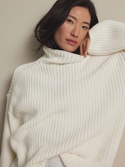 White Ecru Roll High Neck Ribbed Longline Knitted Jumper with Wool - Image 4 of 9