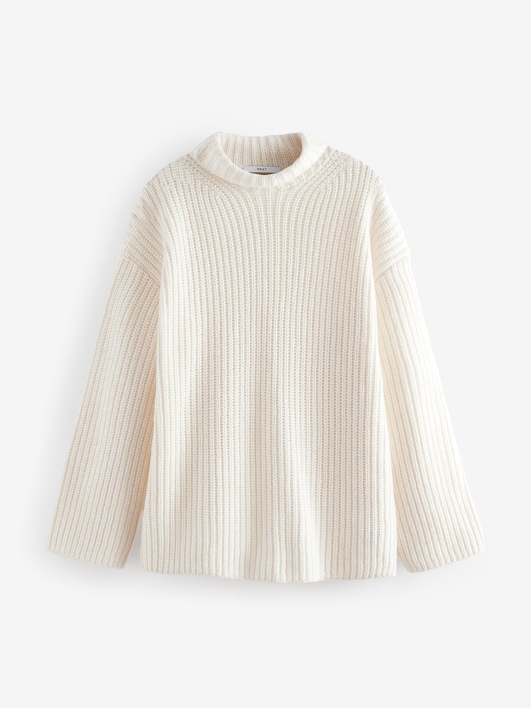 White Ecru Roll High Neck Ribbed Longline Knitted Jumper with Wool - Image 6 of 9