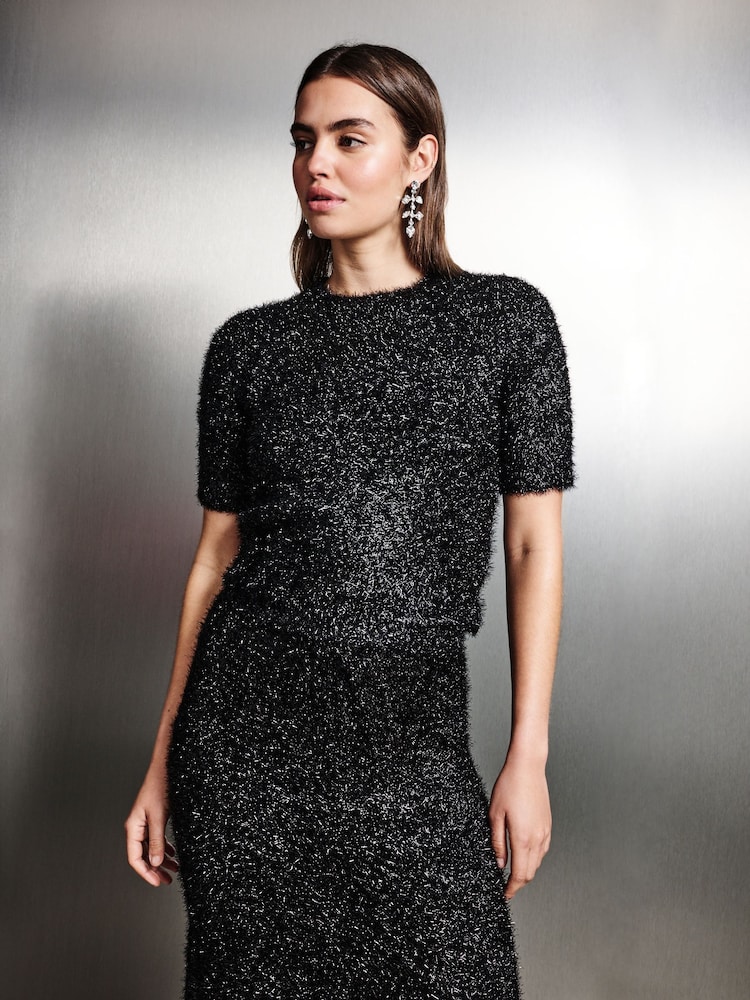 Black Sparkle Tinsel Short Sleeve Knitted T-Shirt Jumper - Image 1 of 8