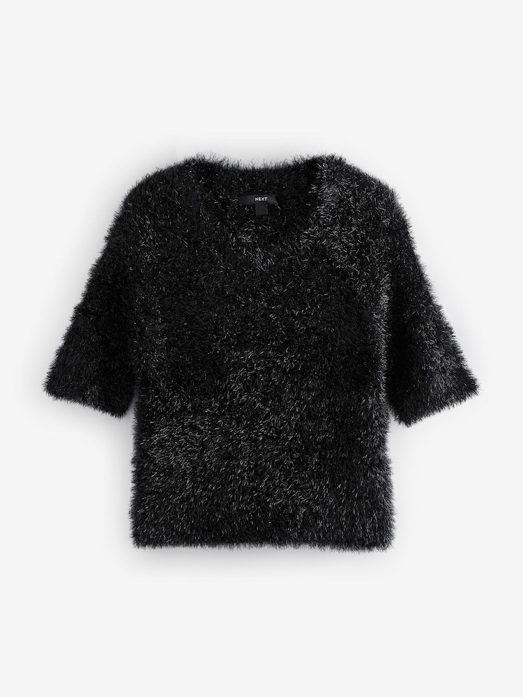 Cropped Black Sequin Jumpers Buy Black Sparkle Tinsel Short Sleeve