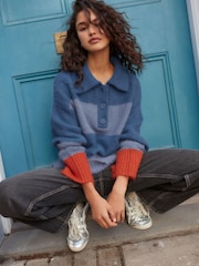 Navy Blue Stripe Collared Polo Knitted Jumper with Wool - Image 1 of 9