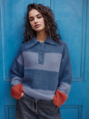 Navy Blue Stripe Collared Polo Knitted Jumper with Wool - Image 2 of 9