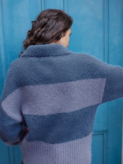 Navy Blue Stripe Collared Polo Knitted Jumper with Wool - Image 3 of 9