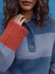 Navy Blue Stripe Collared Polo Knitted Jumper with Wool - Image 4 of 9