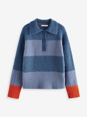 Navy Blue Stripe Collared Polo Knitted Jumper with Wool - Image 6 of 9