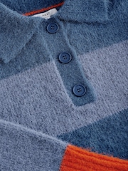 Navy Blue Stripe Collared Polo Knitted Jumper with Wool - Image 7 of 9