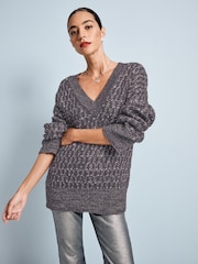 Серый угольный - Co-ord Sparkle Patterned V-Neck Knitted Jumper - Image 1 of 7