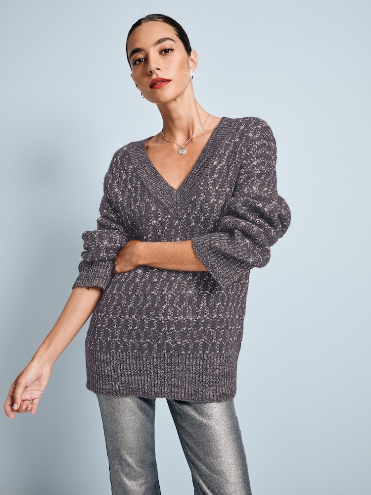 Серый угольный - Co-ord Sparkle Patterned V-Neck Knitted Jumper - Image 1 of 7