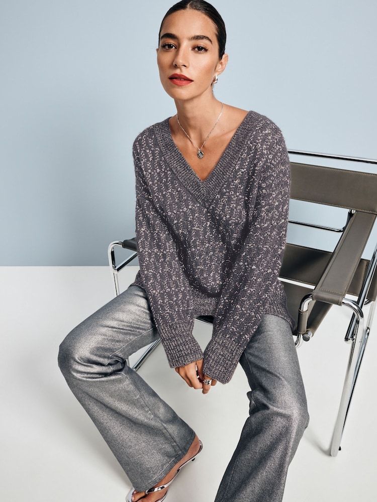 Серый угольный - Co-ord Sparkle Patterned V-Neck Knitted Jumper - Image 2 of 7