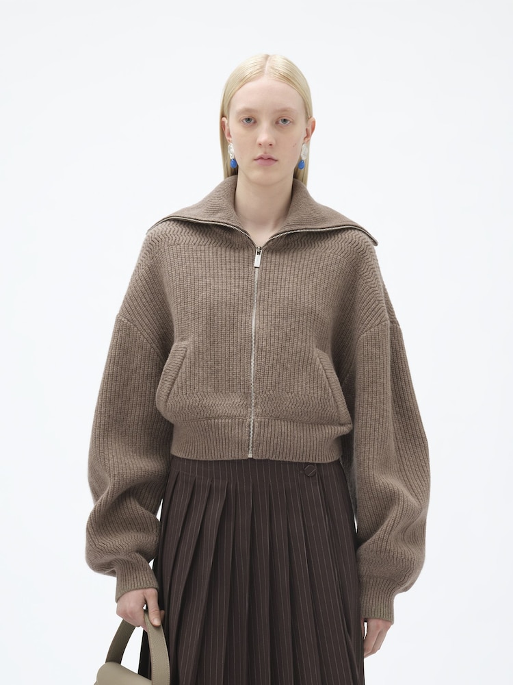 Remain Knitted Cropped Bomber Brown Jumper - Image 1 of 6