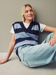 Navy/Blue Stripe V-Neck Knitted Tank - Image 1 of 7