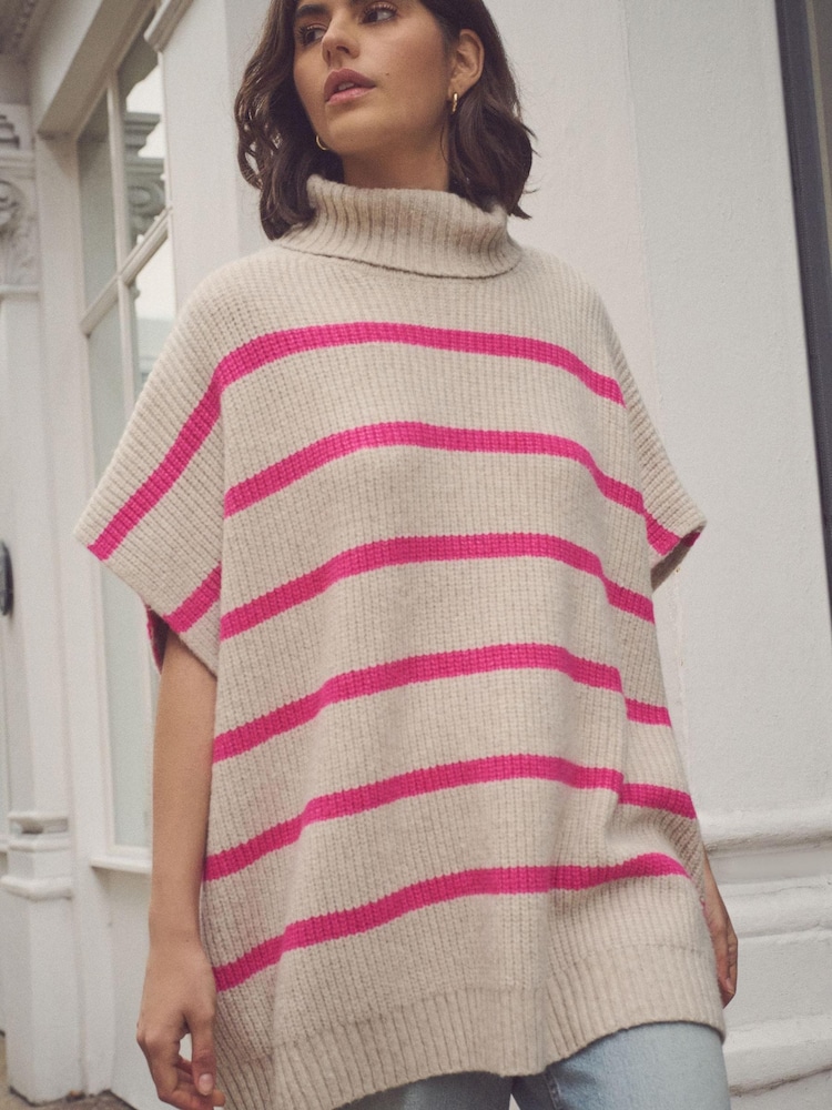 Ecru/Pink Stripe Roll Neck Knitted Containing Alpacca Wool Poncho - Image 1 of 4
