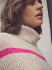 Ecru/Pink Stripe Roll Neck Knitted Containing Alpacca Wool Poncho - Image 2 of 4