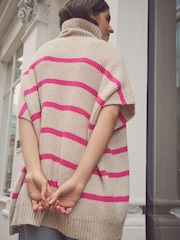 Ecru/Pink Stripe Roll Neck Knitted Containing Alpacca Wool Poncho - Image 3 of 4