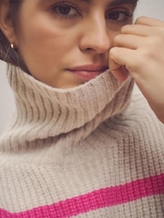 Ecru/Pink Stripe Roll Neck Knitted Containing Alpacca Wool Poncho - Image 4 of 4