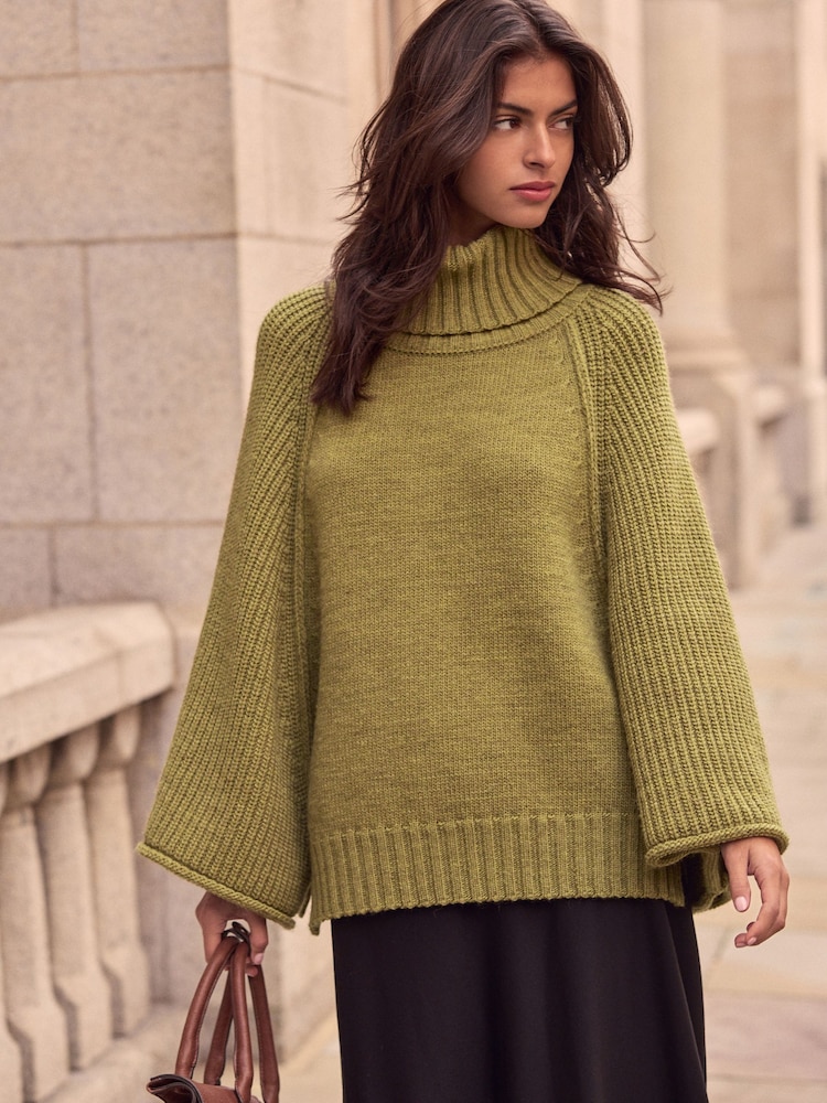 Vert kaki - Roll Neck Knitted Poncho - Image 1 de 7