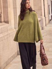 Khaki Green Roll Neck Knitted Poncho - Image 3 of 8