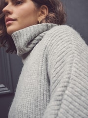 Grey Roll Neck Knitted Containing Alpacca Wool Poncho - Image 4 of 4