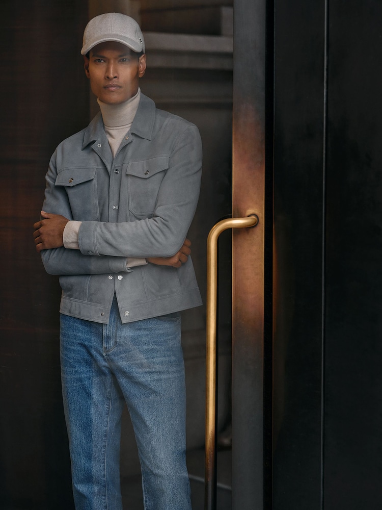 Reiss Sky Blue Eden Suede Trucker Jacket - Image 1 of 6