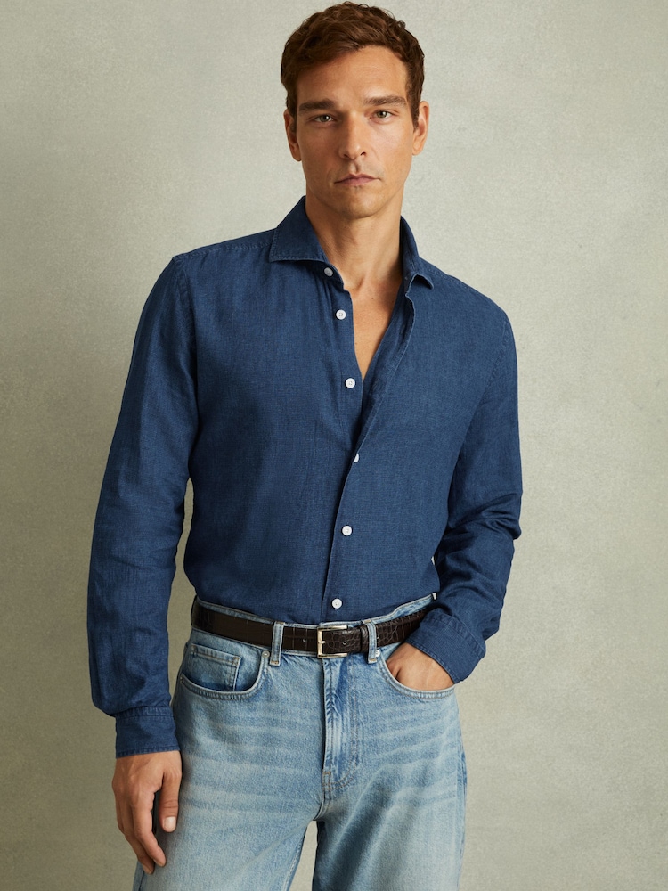 Reiss Blue Multi Delta Linen-Cotton Puppytooth Cutaway Collar Shirt - Image 1 of 6